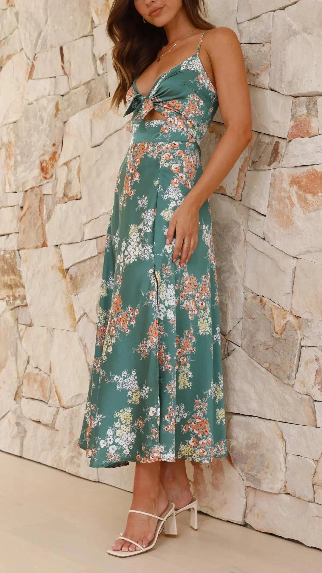 Robe Midi Fleurie Verte Nœud Bretelles Fines 1 Coloris | ROBEMODE