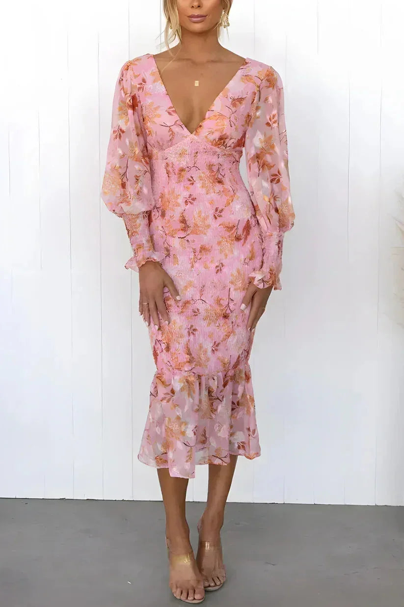 Robe midi femme imprimé floral manches longues volantées | ROBEMODE