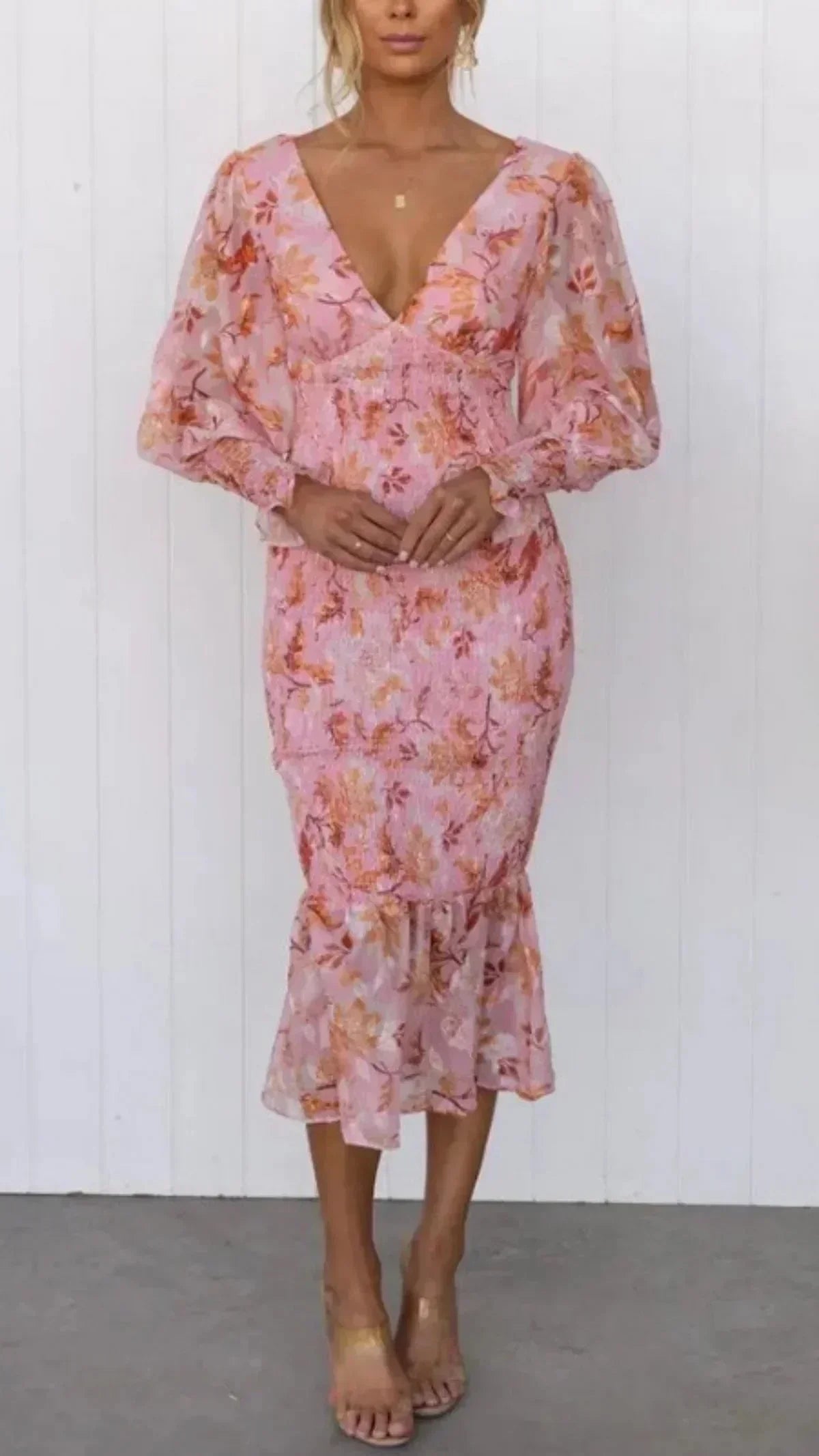 Robe midi femme imprimé floral manches longues volantées | ROBEMODE