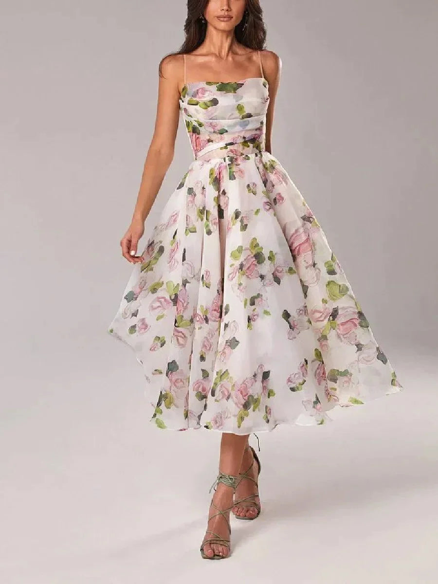 Robe midi femme fluide à imprimé floral bretelles fines