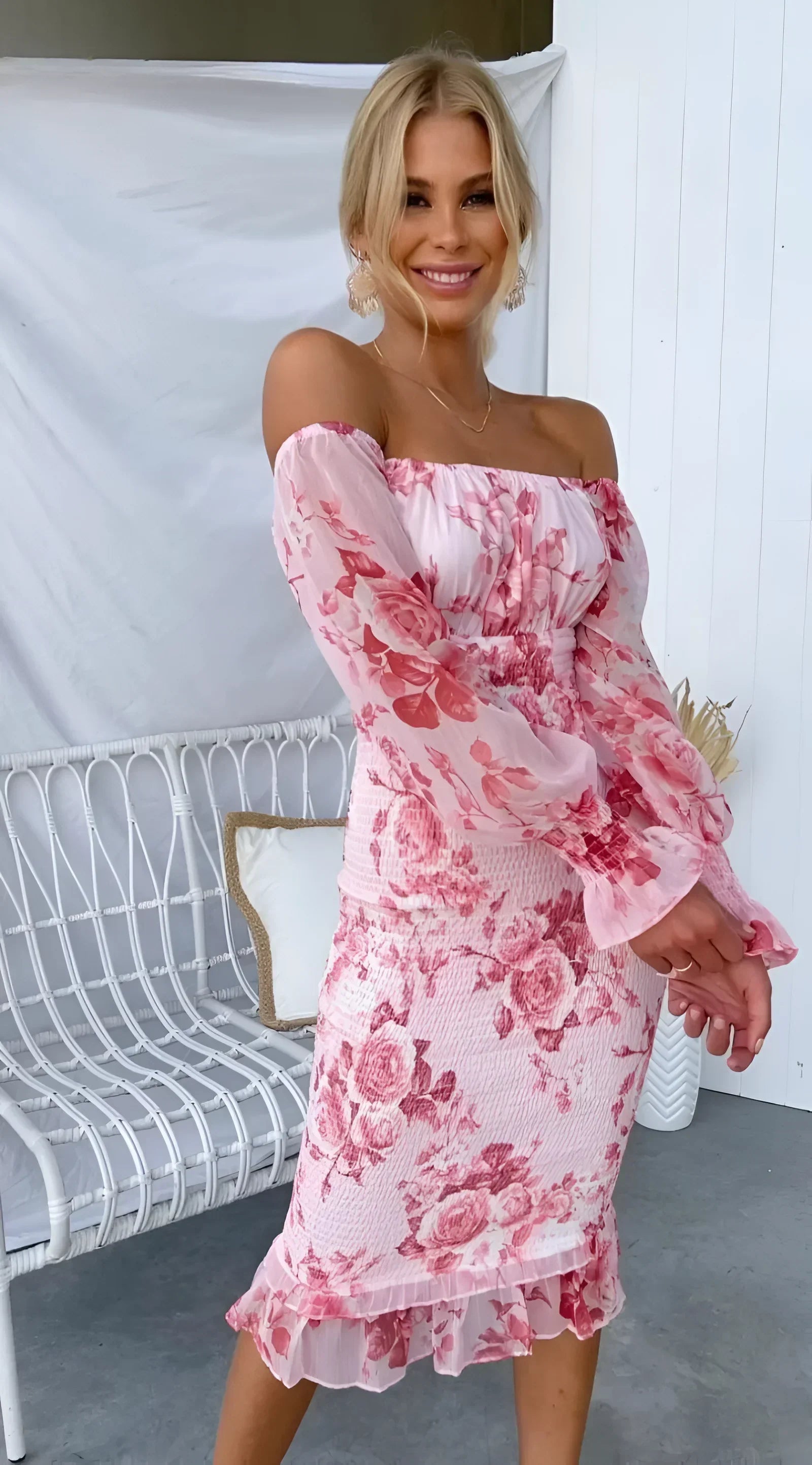 Robe midi femme florale épaules dénudées manches longues