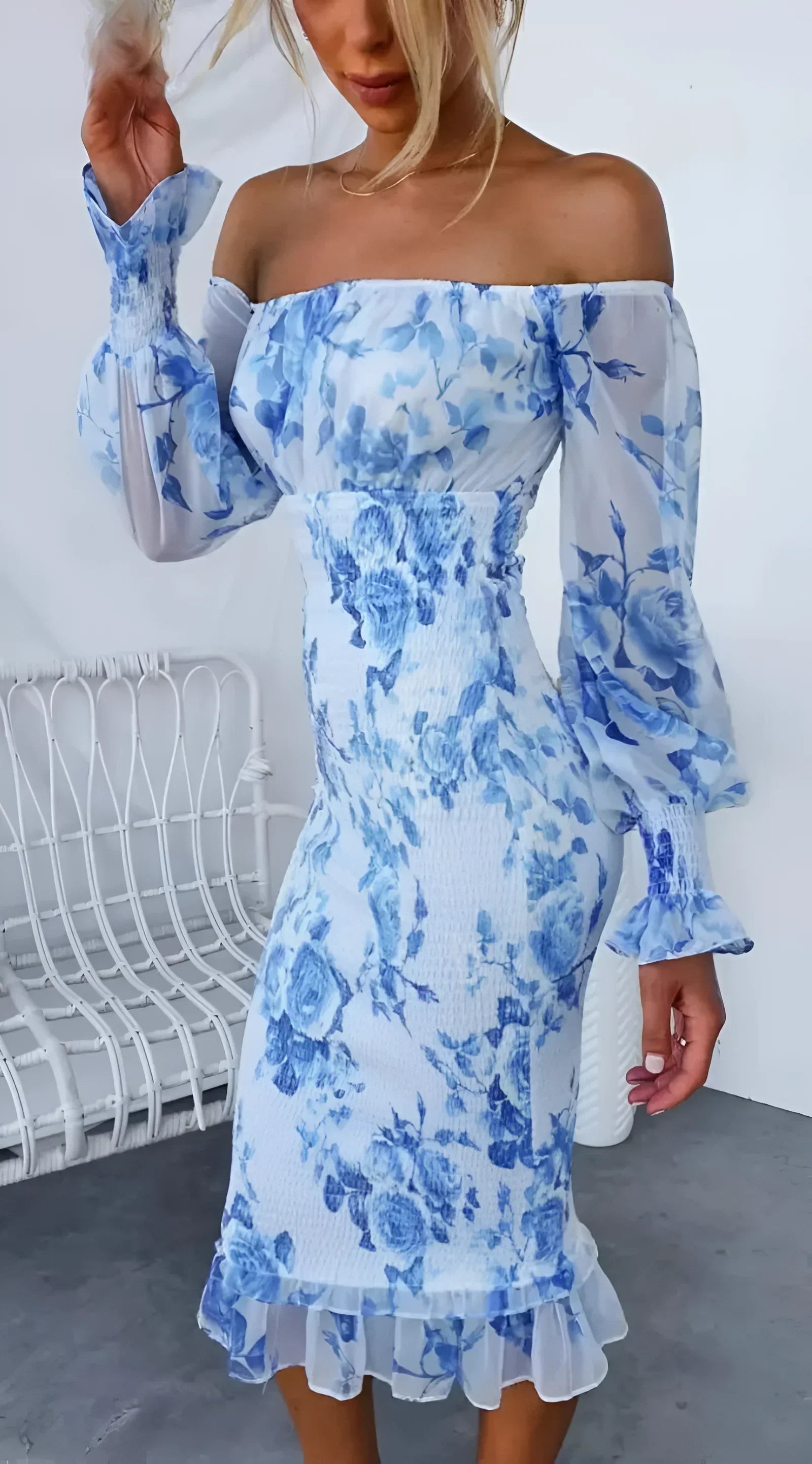 Robe Midi Femme Florale Épaules Dénudées Manches Longues Volants | ROBEMODE