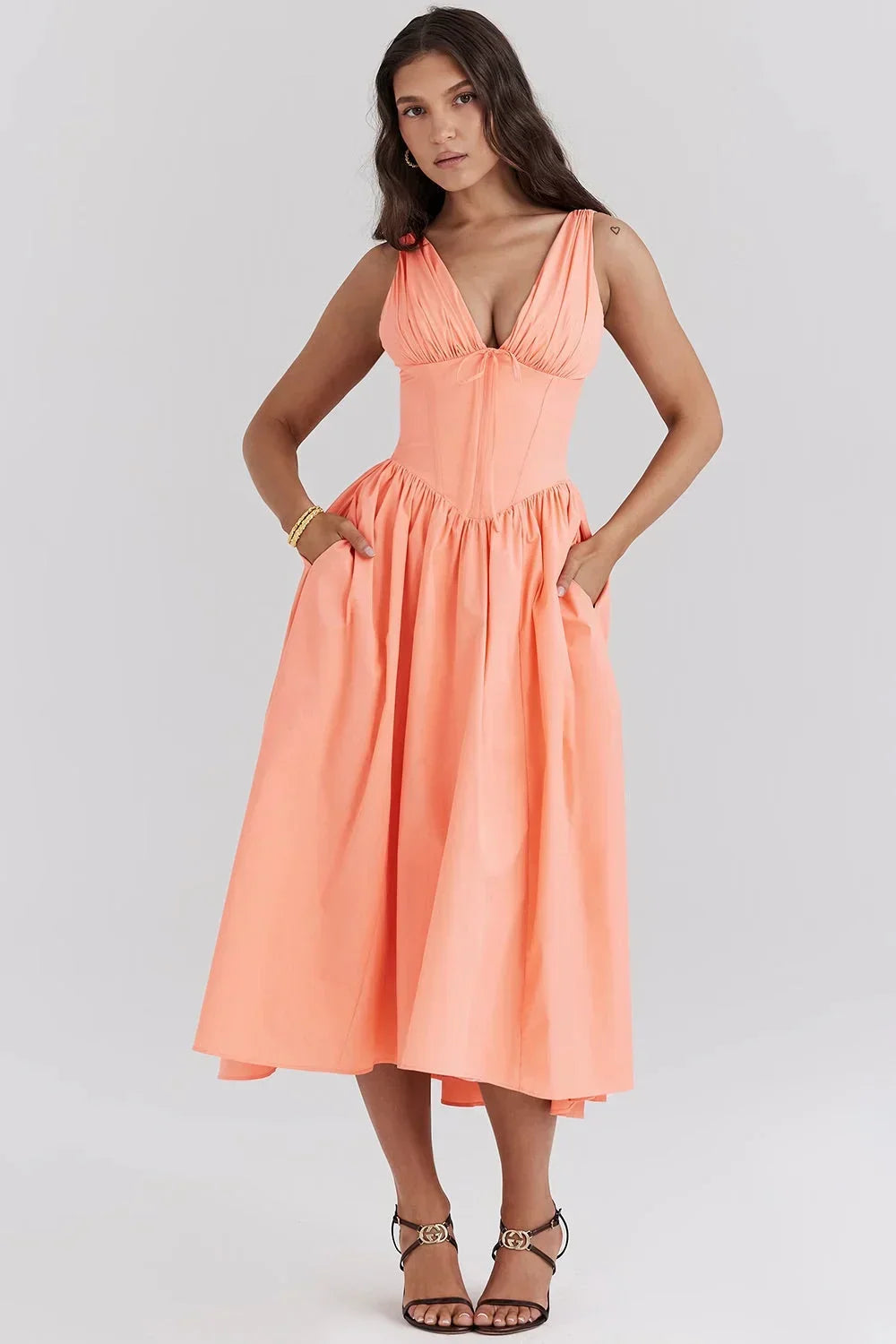 Robe midi femme évasée col V avec motifs floraux | ROBEMODE