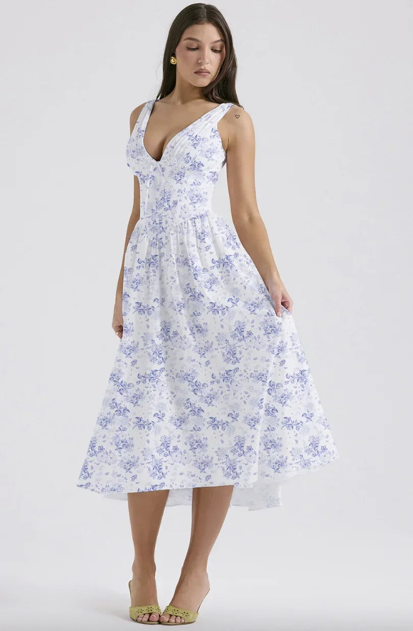 Robe midi femme évasée col V avec motifs floraux | ROBEMODE