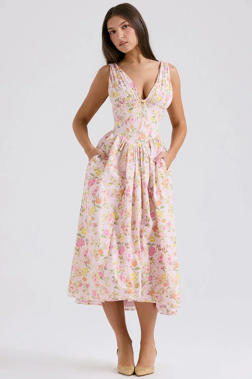 Robe midi femme évasée col V avec motifs floraux | ROBEMODE
