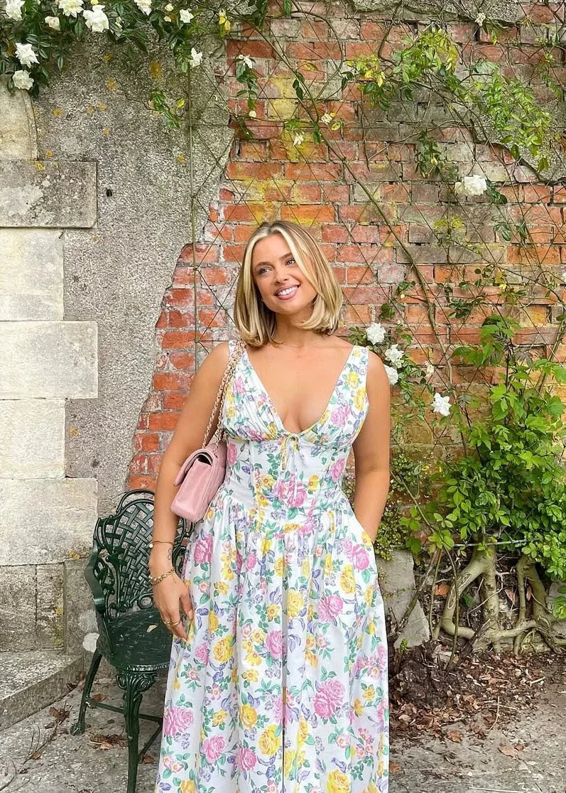 Robe midi femme évasée col V avec motifs floraux | ROBEMODE