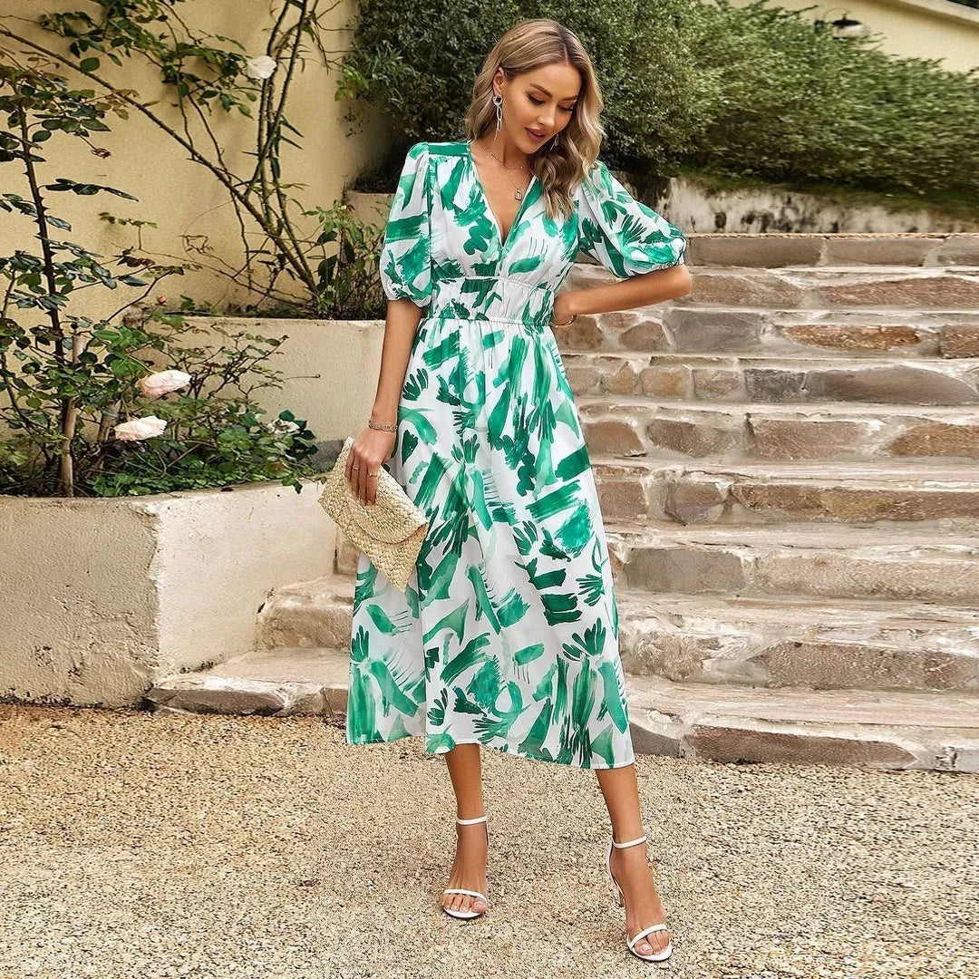 Robe Midi Imprimé Floral Col V Manches Courtes | ROBEMODE