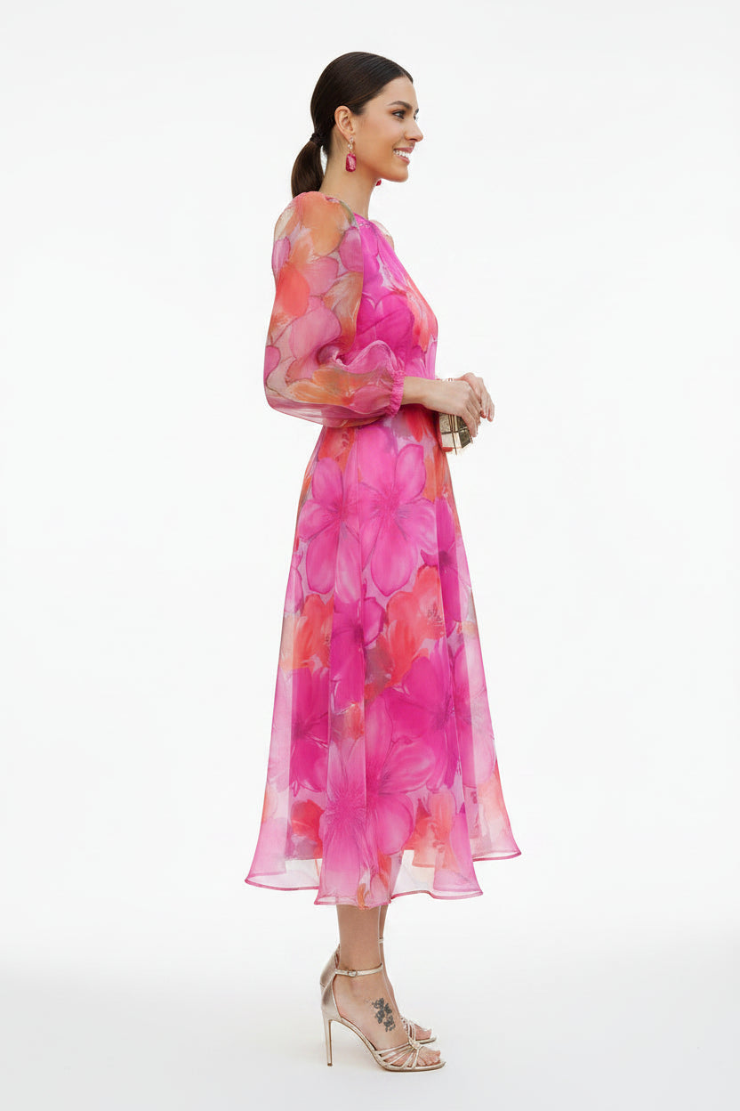 Robe Midi Florale Femme Manches Transparentes | Tissu Léger Invitée Mariage | ROBEMODE