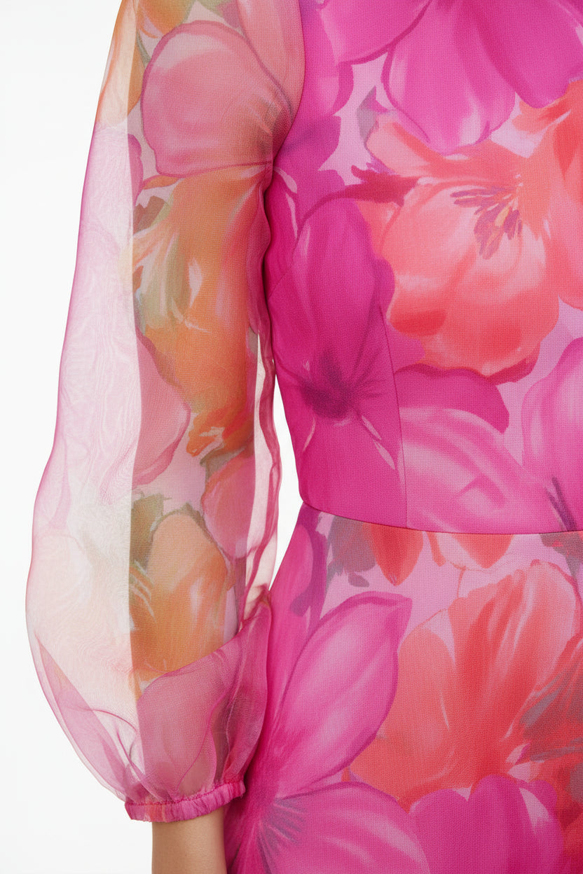 Robe Midi Florale Femme Manches Transparentes | Tissu Léger Invitée Mariage | ROBEMODE