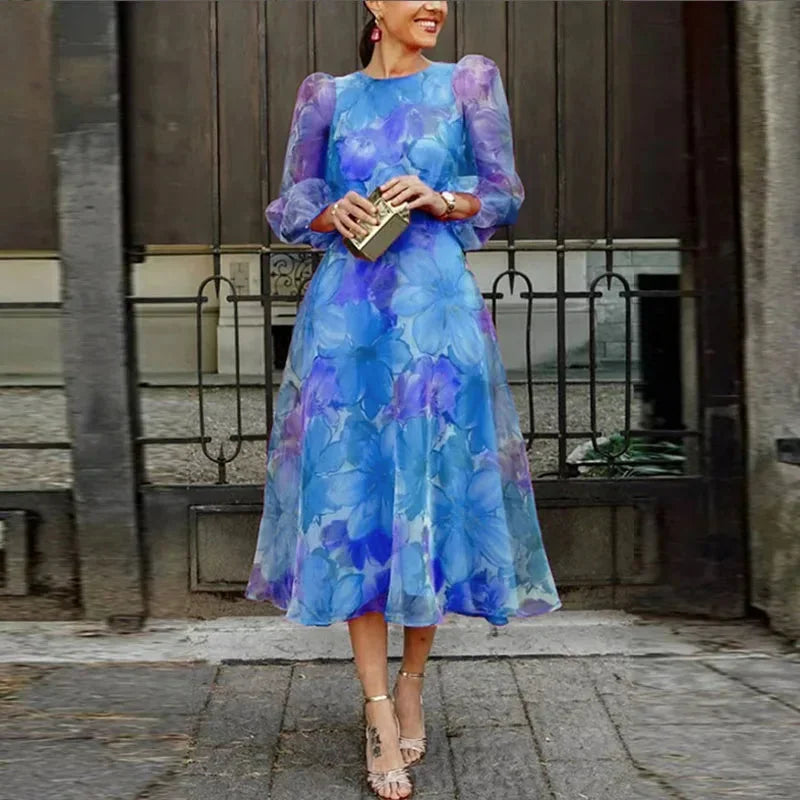 Robe Midi Florale Femme Manches Transparentes | Tissu Léger Invitée Mariage | ROBEMODE