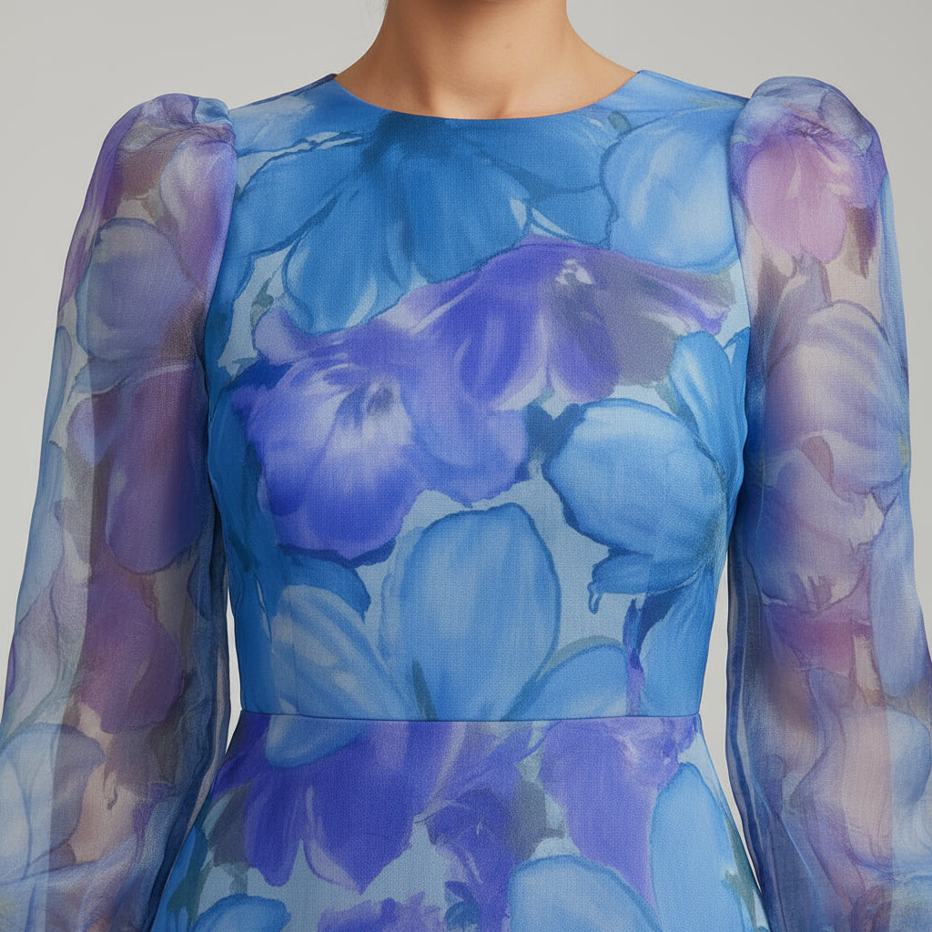 Robe Midi Florale Femme Manches Transparentes | Tissu Léger Invitée Mariage | ROBEMODE