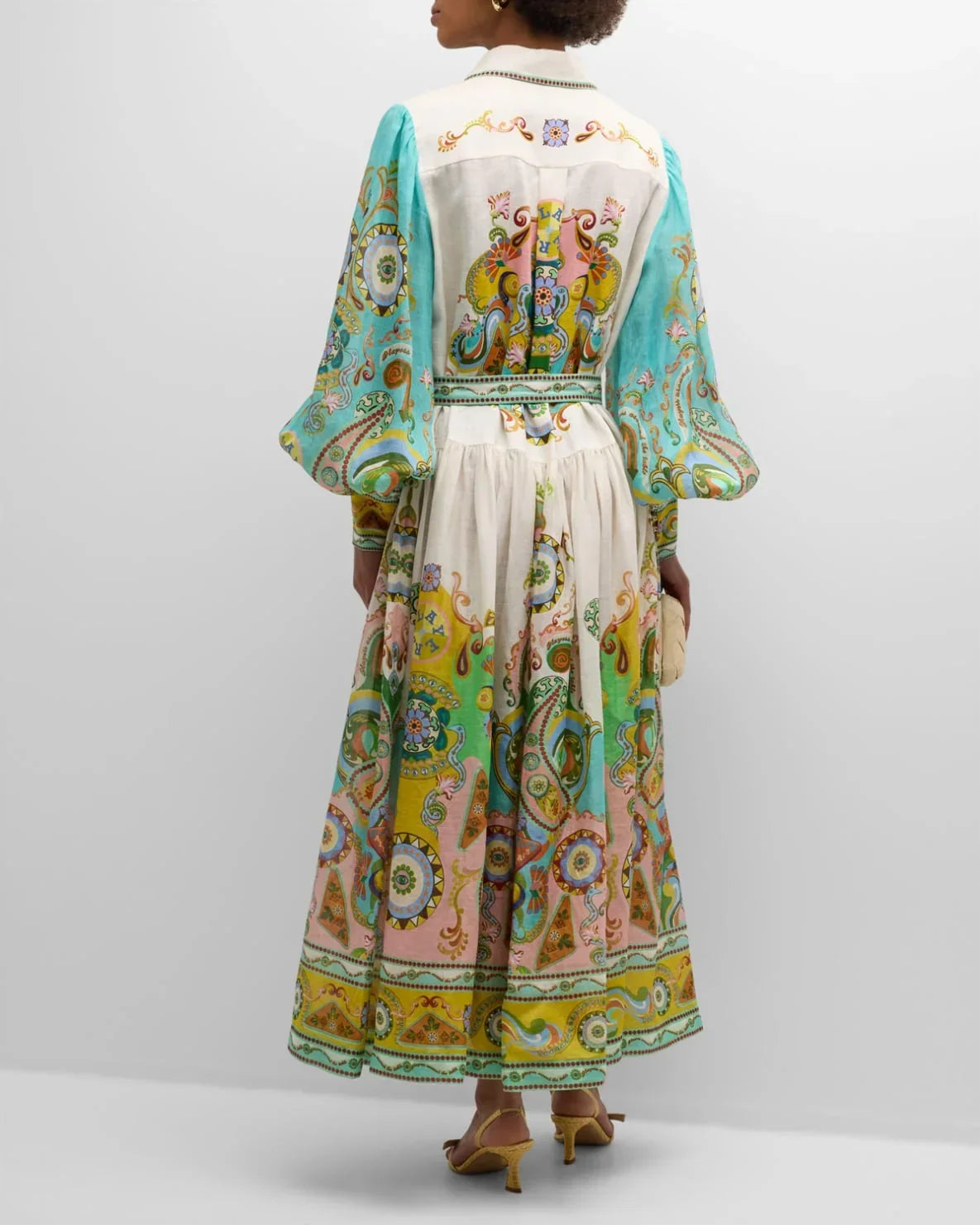 Robe Midi Imprimé Paisley Manches Bouffantes Ceinturée | ROBEMODE