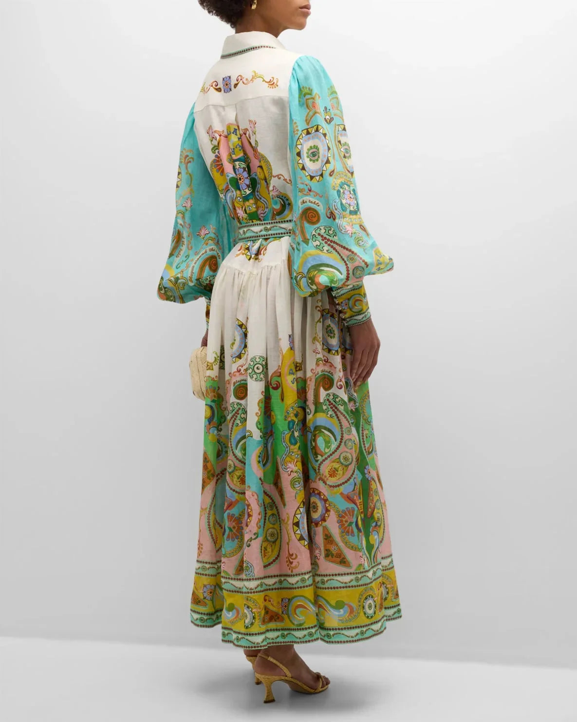 Robe Midi Imprimé Paisley Manches Bouffantes Ceinturée | ROBEMODE