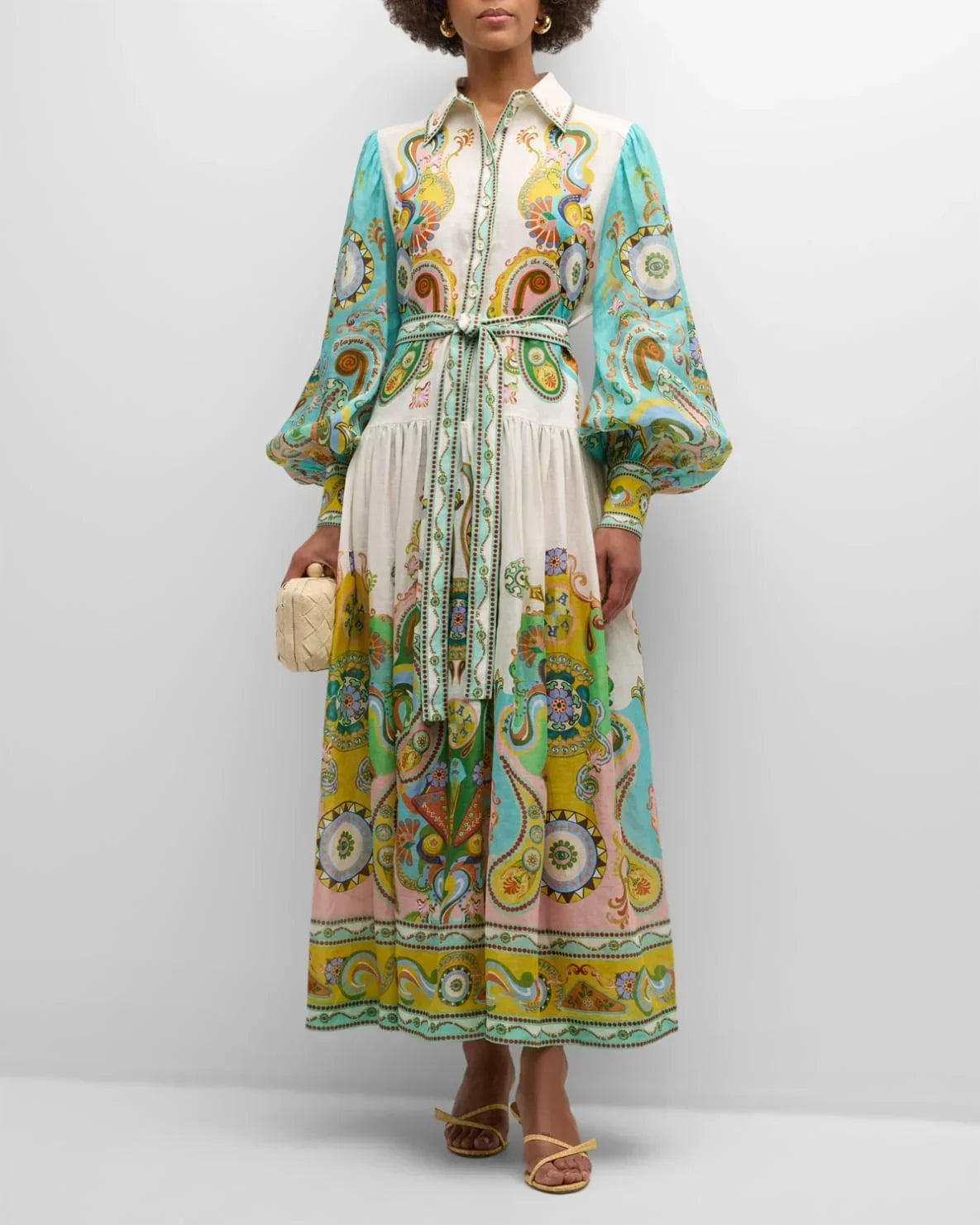 Robe Midi Imprimé Paisley Manches Bouffantes Ceinturée | ROBEMODE