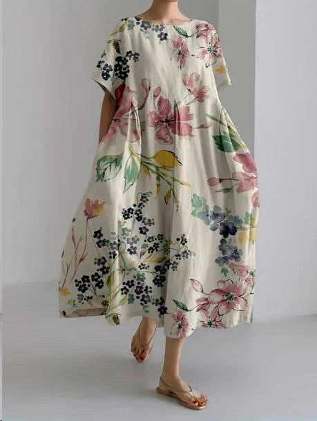 Robe midi femme à motifs floraux et manches courtes