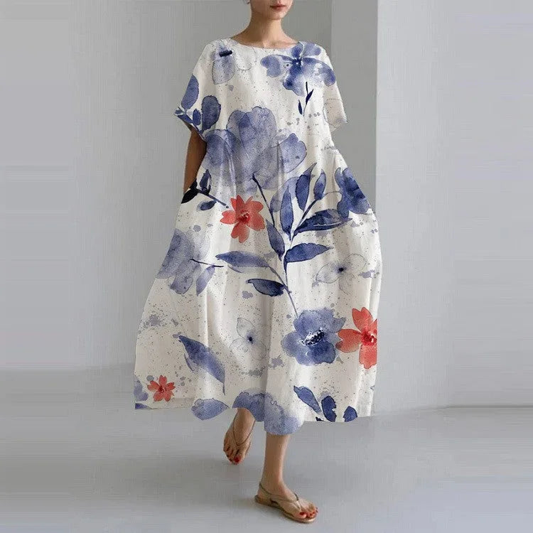 Robe midi femme à motifs floraux et manches courtes