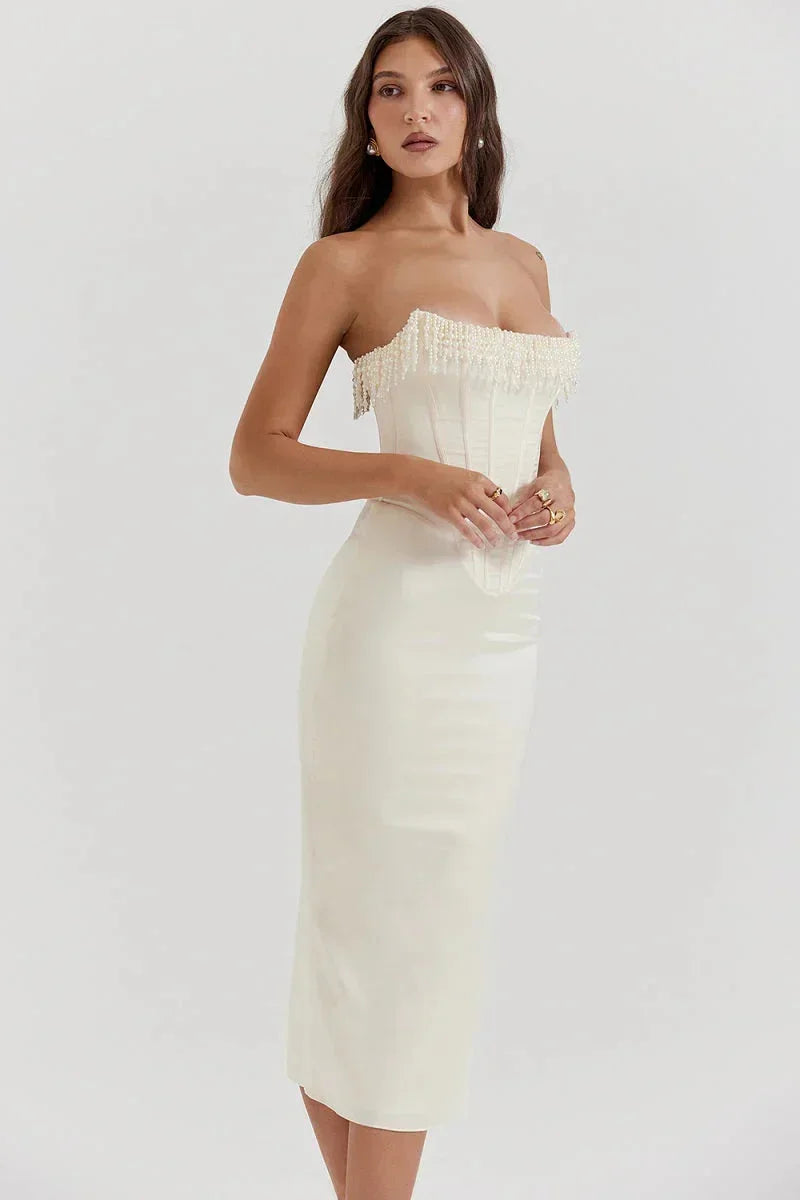 Robe bustier ivoire femmes midi avec perles soirée