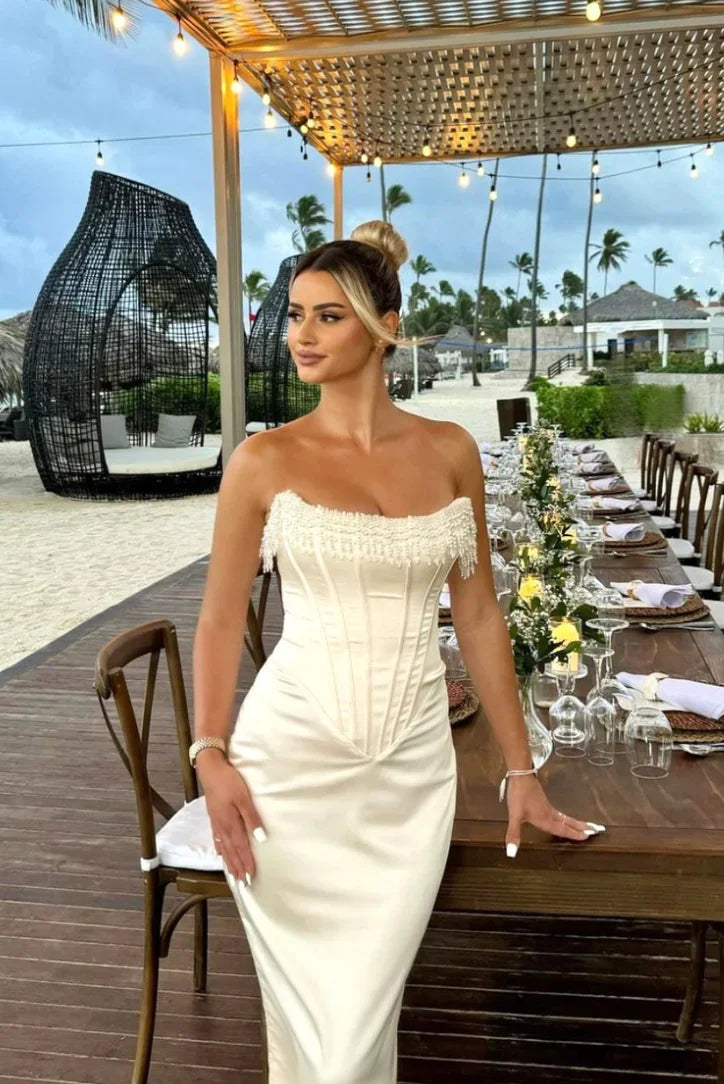 Robe bustier midi ivoire avec perles soirée