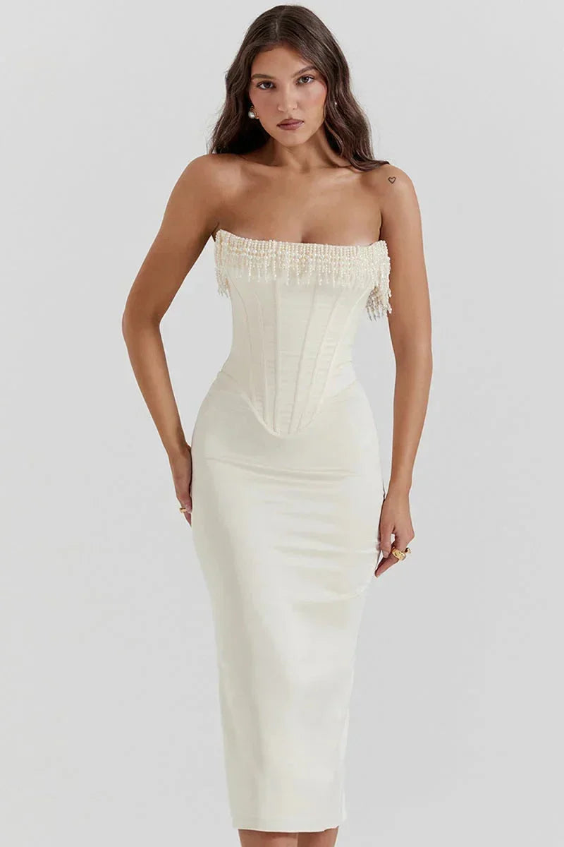 Robe bustier ivoire femmes midi avec perles soirée