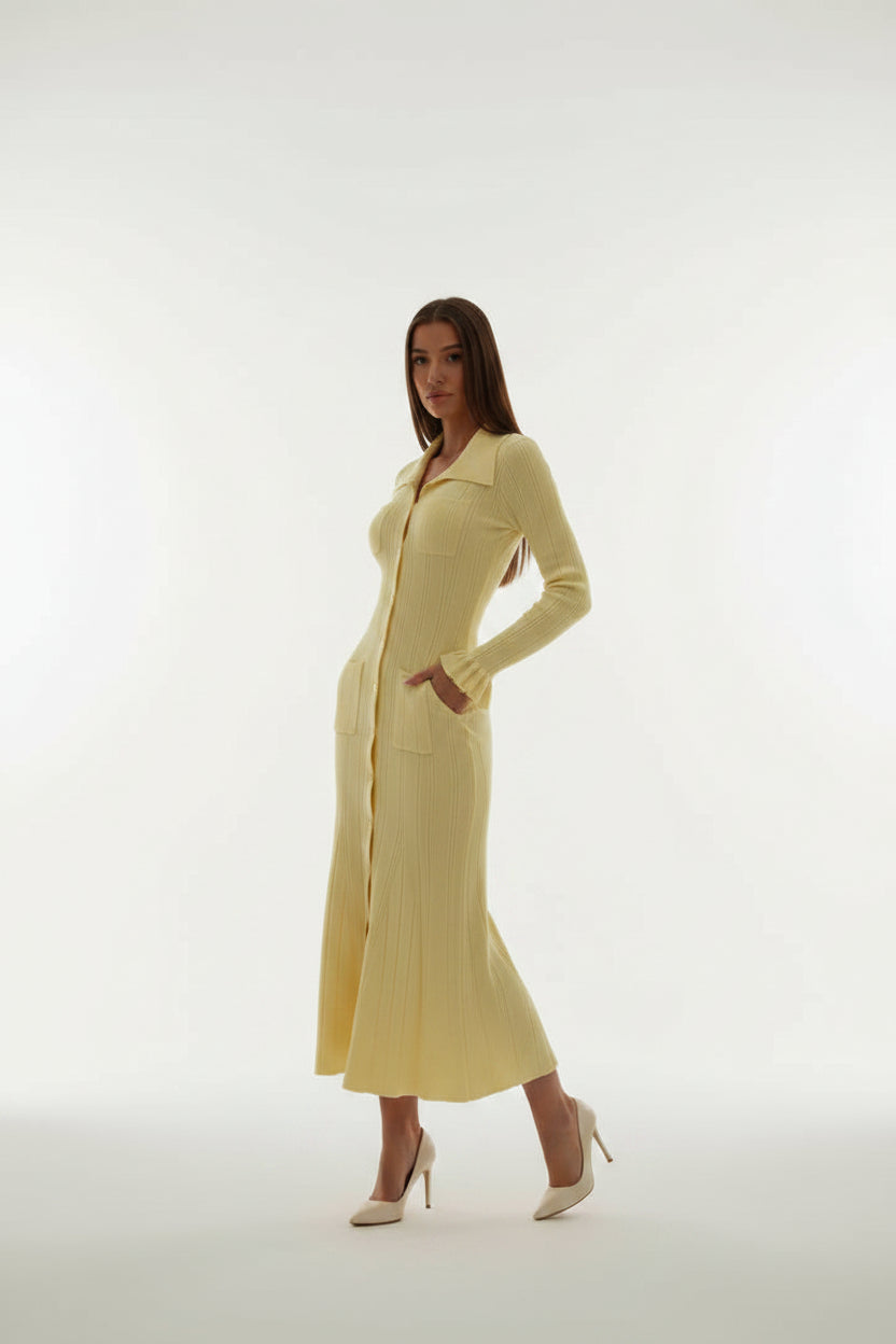 Robe Midi Élégante Boutons Col Chemise Manches Longues Femme | ROBEMODE