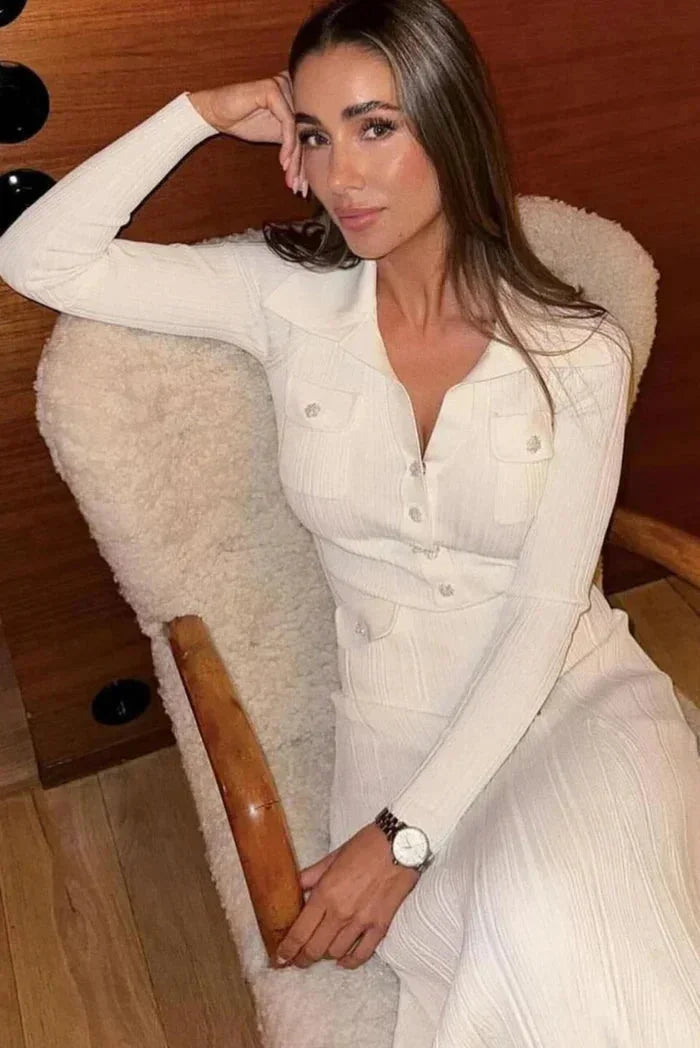 Robe Midi Élégante Boutons Col Chemise Manches Longues Femme | ROBEMODE