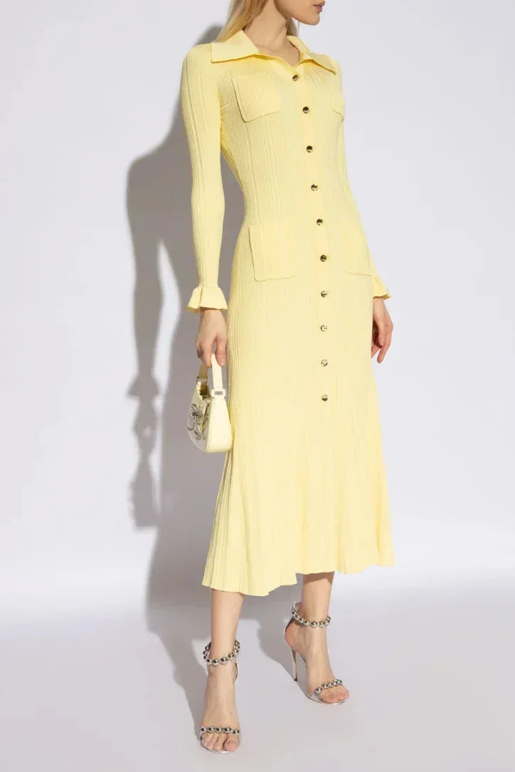 Robe Midi Élégante Boutons Col Chemise Manches Longues Femme | ROBEMODE