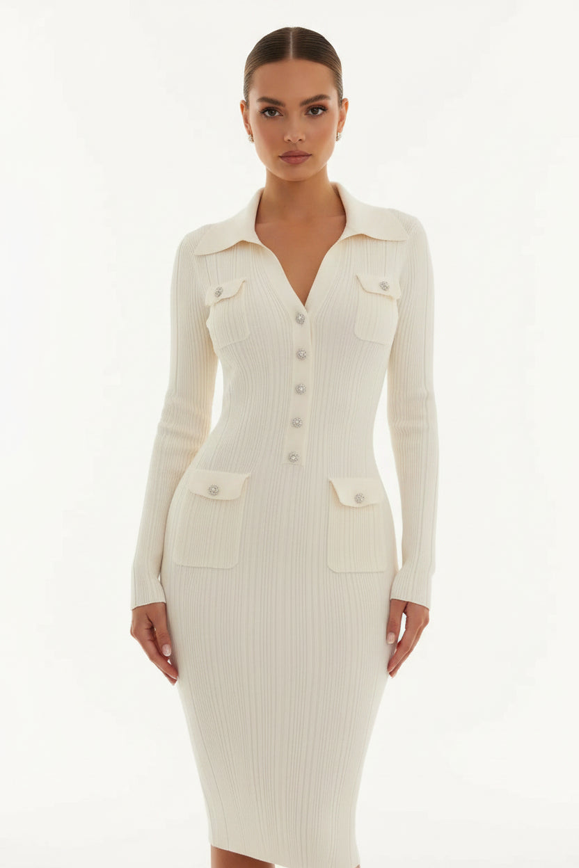 Robe Midi Élégante Boutons Col Chemise Manches Longues Femme | ROBEMODE