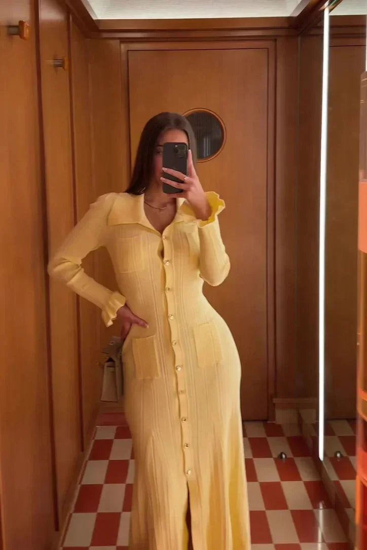 Robe Midi Élégante Boutons Col Chemise Manches Longues Femme | ROBEMODE