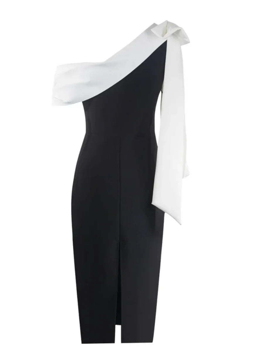 Robe Midi Noire Asymétrique Épaule Dénudée Nœud 1 Coloris | ROBEMODE