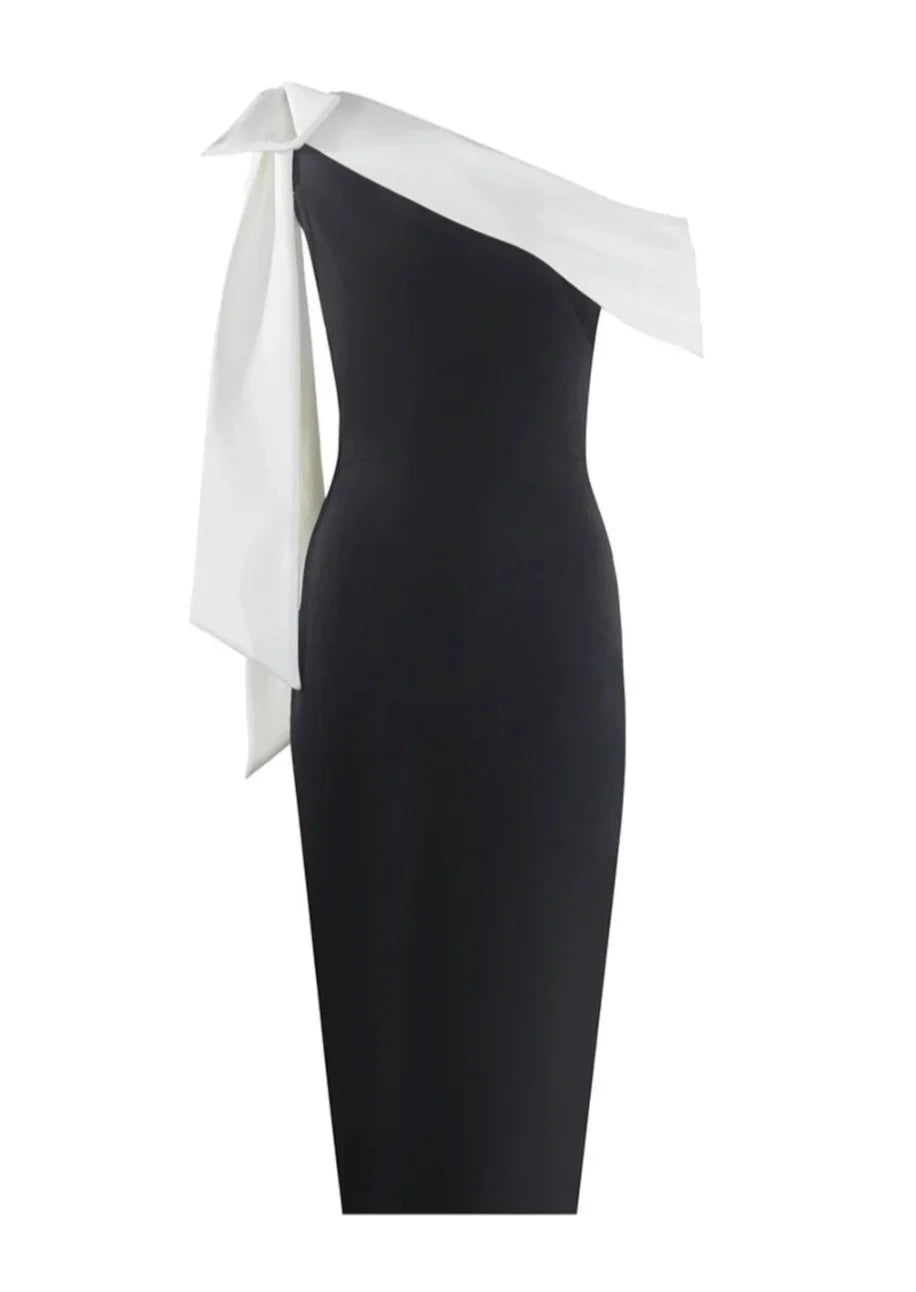 Robe Midi Noire Asymétrique Épaule Dénudée Nœud 1 Coloris | ROBEMODE