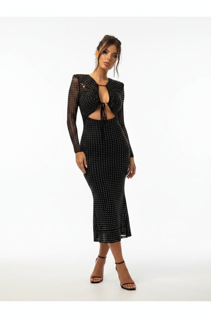 Robe Midi Noire Clous Manches Longues Découpées Rock | ROBEMODE