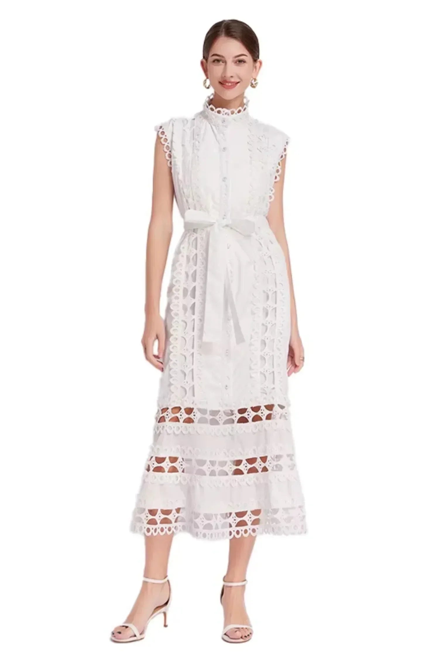 Robe midi noire sans manches avec dentelle et ceinture | ROBEMODE