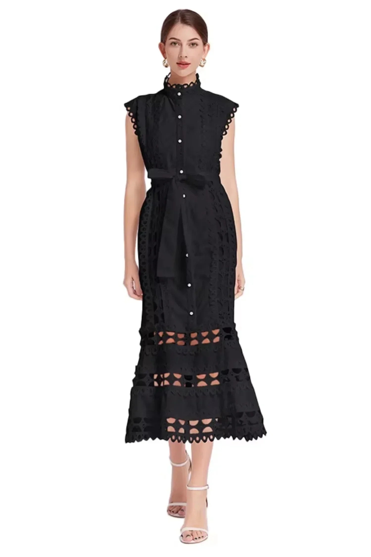 Robe midi noire sans manches avec dentelle et ceinture | ROBEMODE