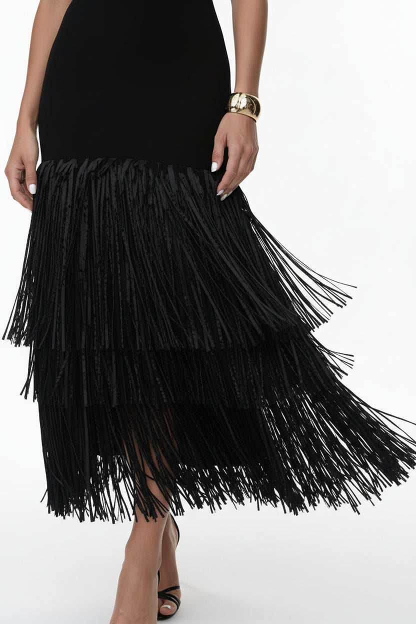 Robe Midi Noire Sans Manches Franges Bas Soirée Chic | ROBEMODE