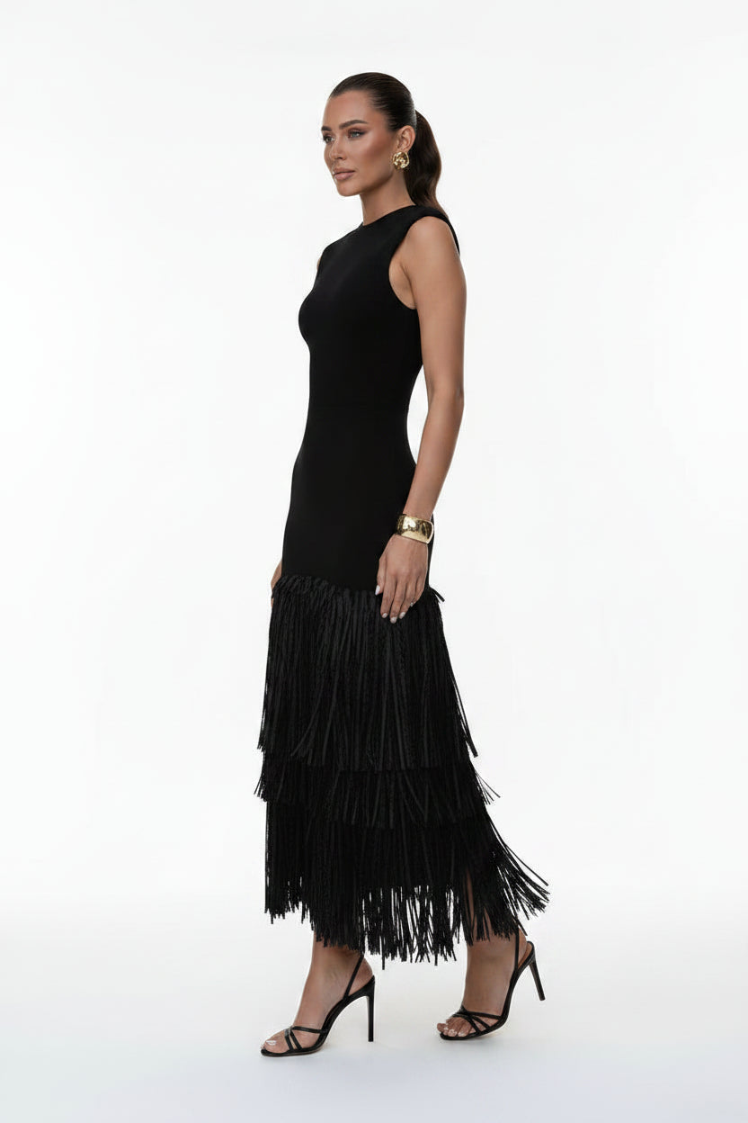 Robe Midi Noire Sans Manches Franges Bas Soirée Chic | ROBEMODE