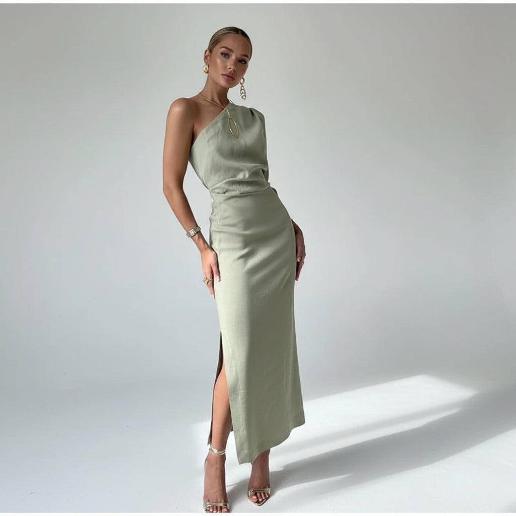 Robe midi verte une épaule avec fente élégante | Coupe féminine + Style élégant + Facile à accessoiriser – ROBEMODE