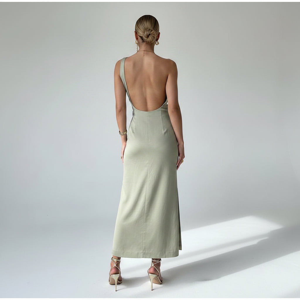 Robe midi verte une épaule avec fente élégante | Coupe féminine + Style élégant + Facile à accessoiriser – ROBEMODE