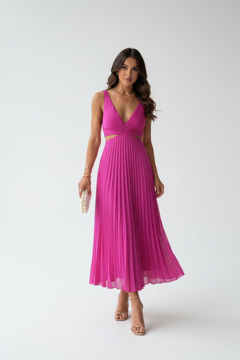 Robe Midi Plissée Femme Découpes Col V Sans Manches | ROBEMODE