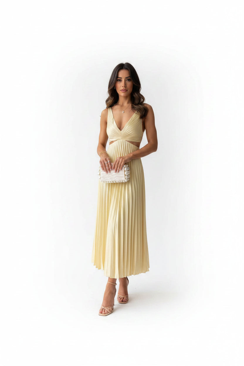 Robe Midi Plissée Femme Découpes Col V Sans Manches | ROBEMODE