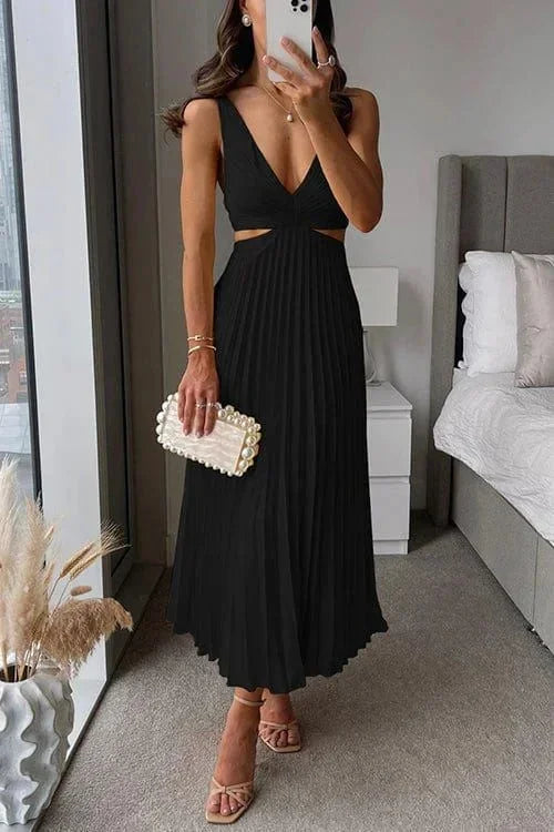 Robe midi femme plissée avec découpes col V sans manches