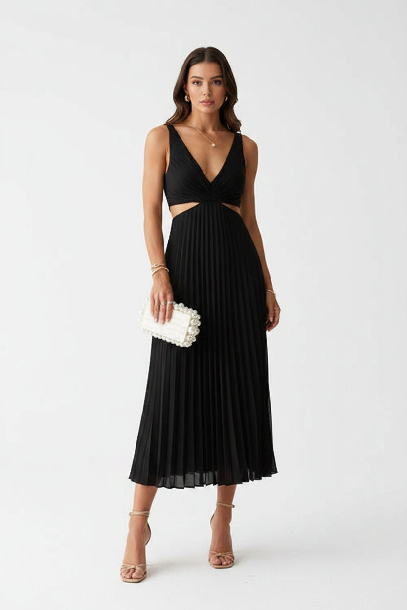 Robe Midi Plissée Femme Découpes Col V Sans Manches | ROBEMODE