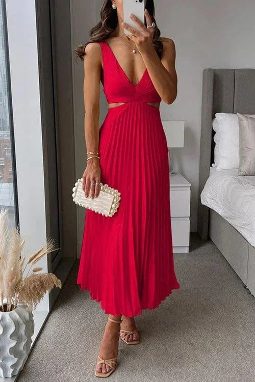 Robe midi femme plissée avec découpes col V sans manches