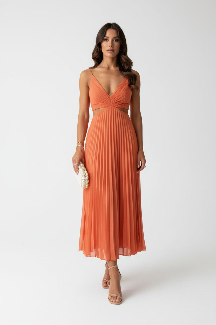 Robe Midi Plissée Femme Découpes Col V Sans Manches | ROBEMODE