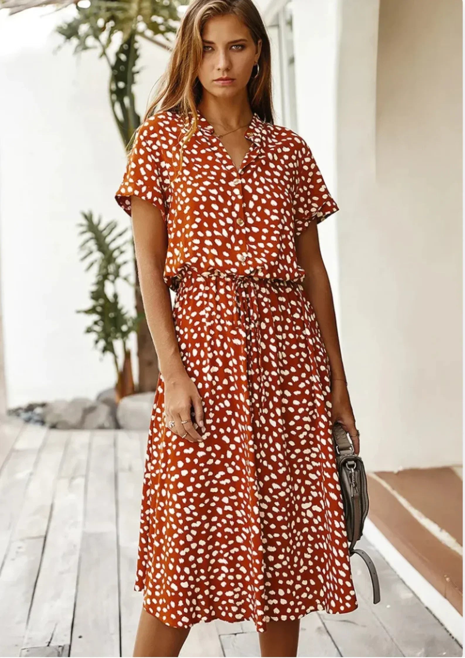 Robe Midi à Pois Lien Taille Manches Courtes Grande Taille | ROBEMODE
