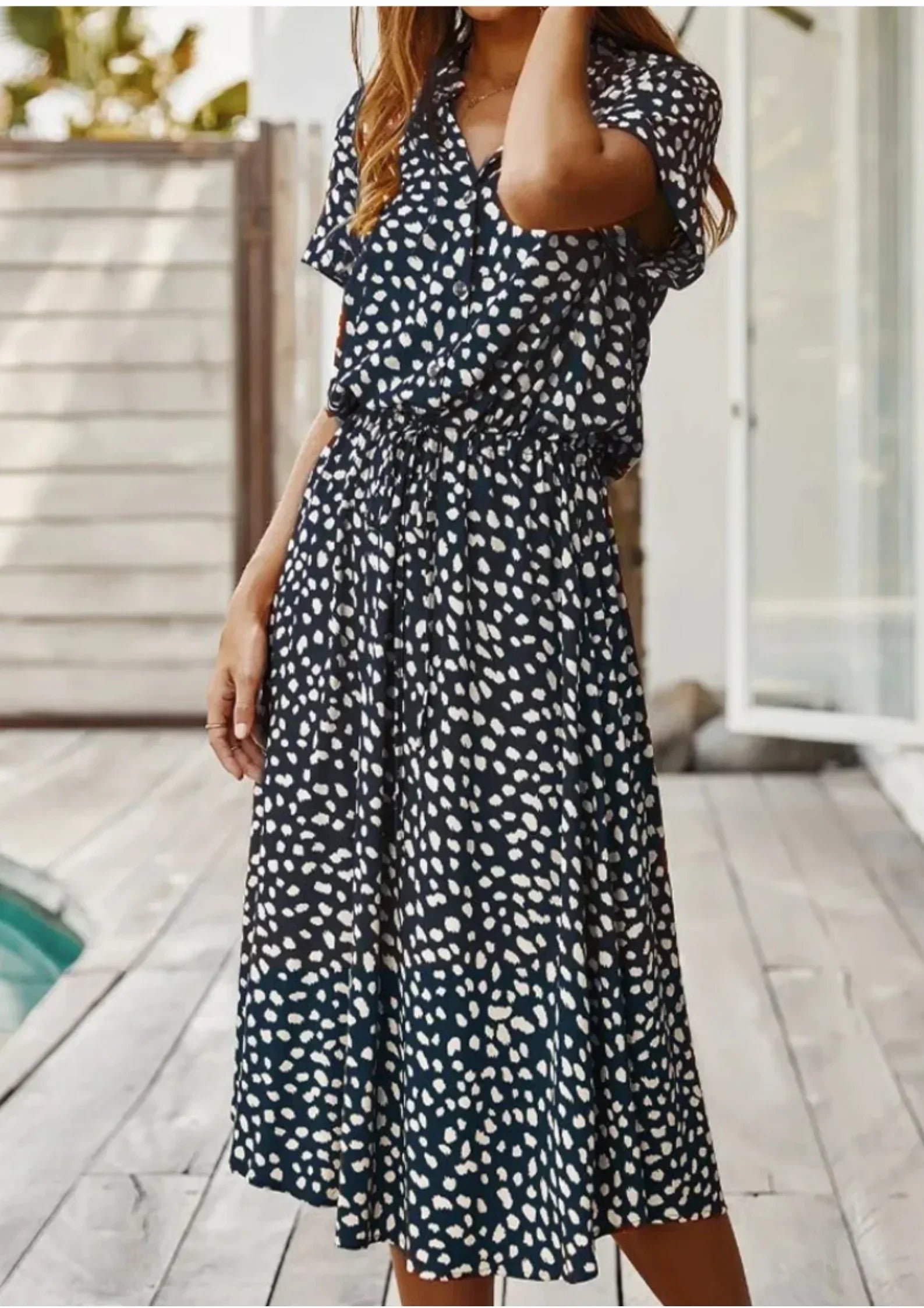 Robe Midi à Pois Lien Taille Manches Courtes Grande Taille | ROBEMODE