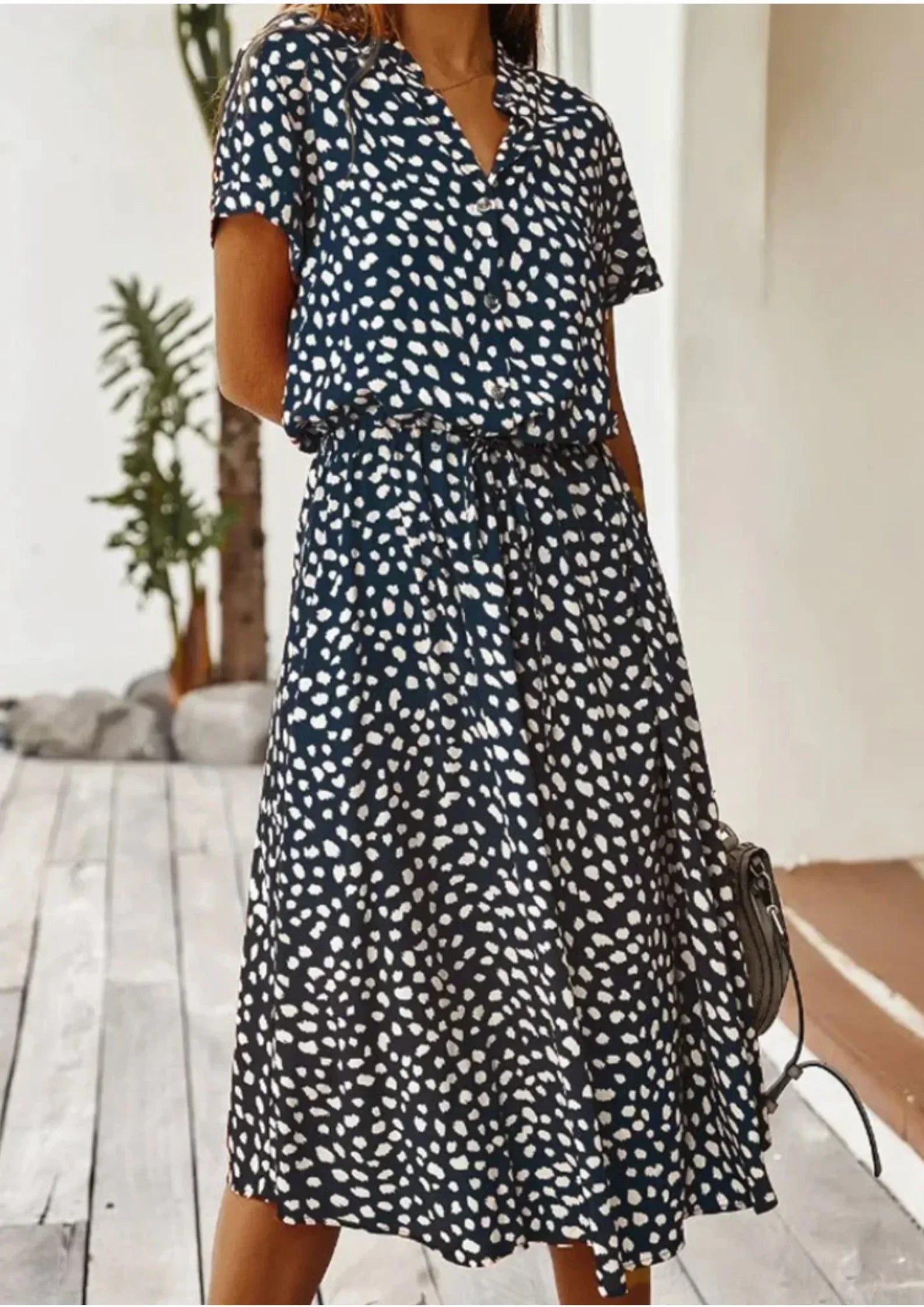 Robe Midi à Pois Lien Taille Manches Courtes Grande Taille | ROBEMODE