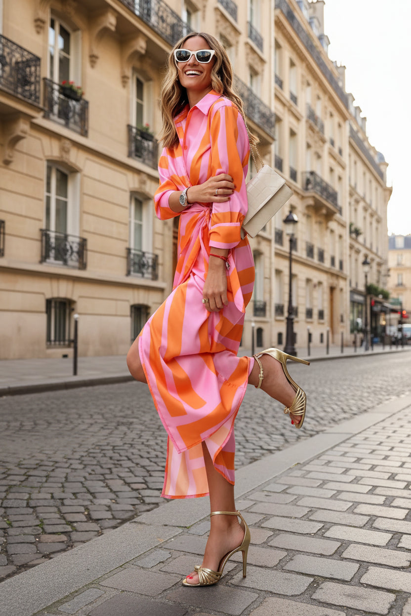 Robe Midi Portefeuille Femme Manches Longues Motifs Géométriques | ROBEMODE