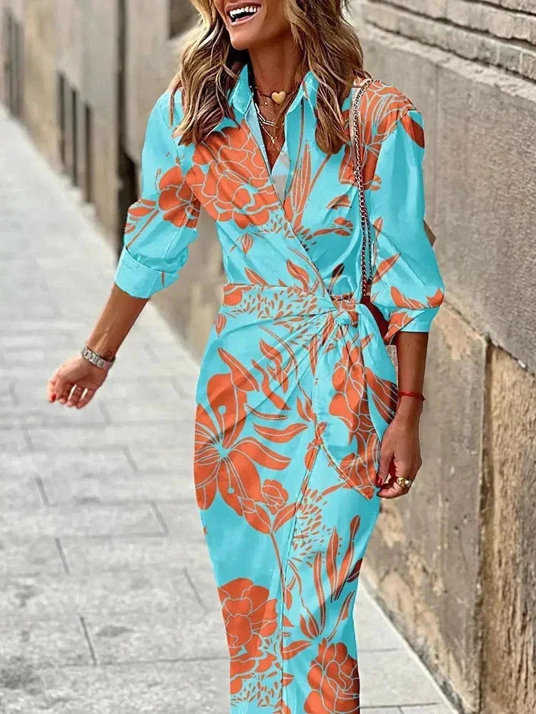 Robe midi portefeuille femme manches longues motifs géométriques