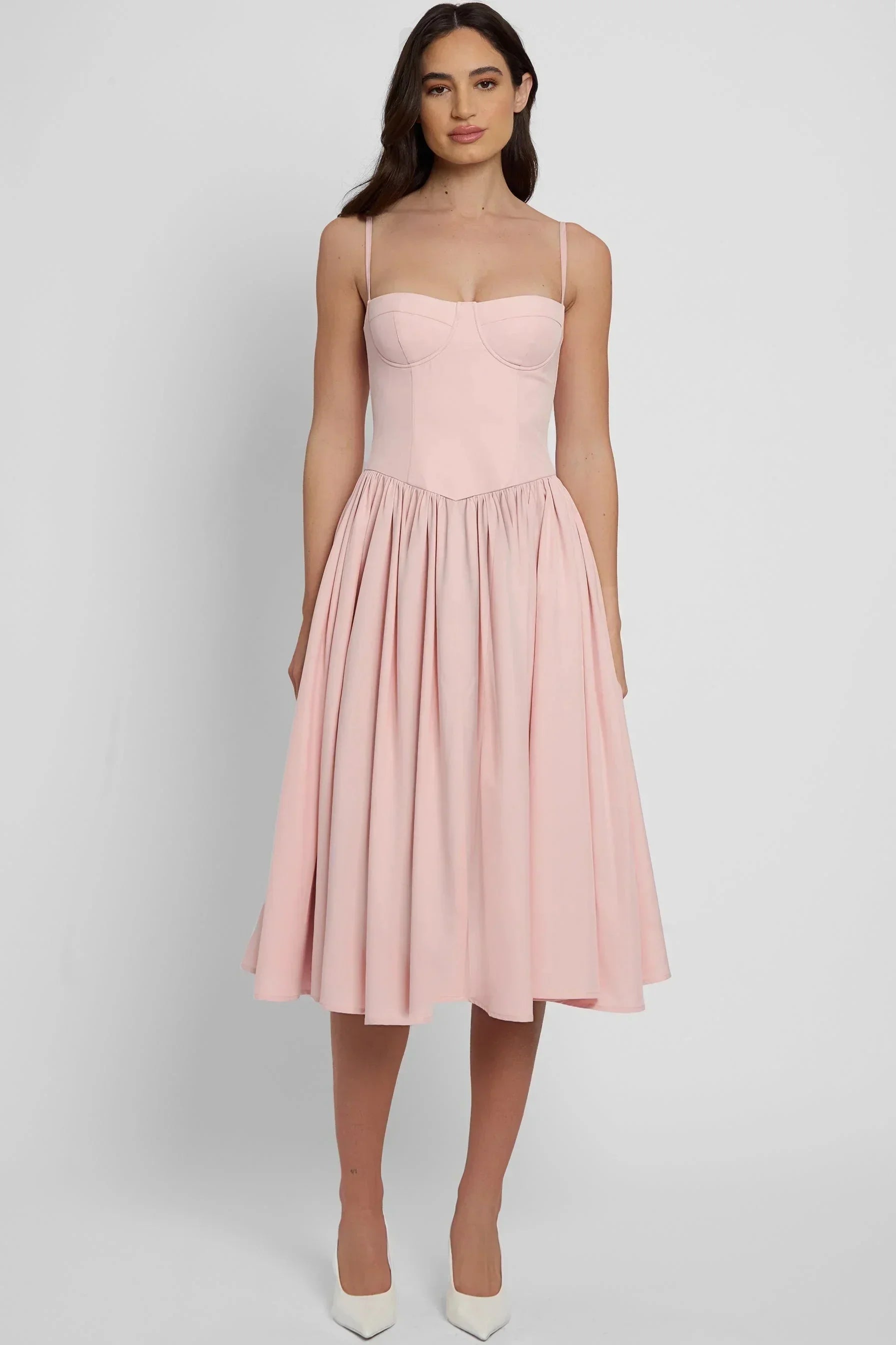 Robe midi femme rose bustier bretelles été | Coupe féminine + Style élégant + Facile à accessoiriser – ROBEMODE