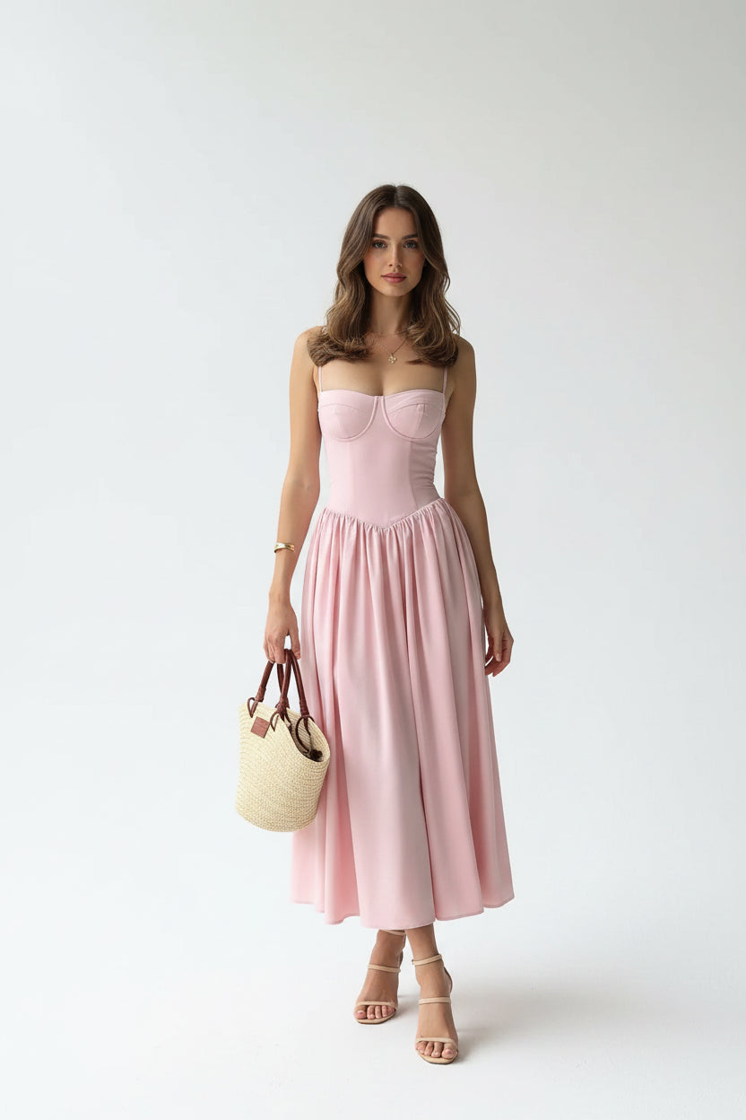 Robe midi femme rose bustier bretelles été | Coupe féminine + Style élégant + Facile à accessoiriser – ROBEMODE